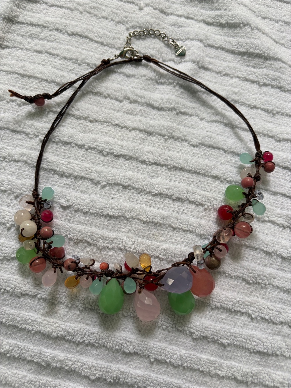 Nakamol Multicolor Teardrop Bead Necklace with Brown Cord